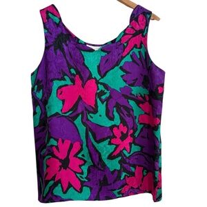 Vintage Silk Land Womens 100% Silk Floral Tank Top Sz M Flowy Colorful Retro